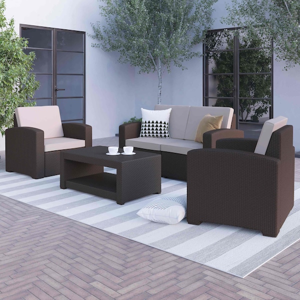Flash Furniture 4 Piece Chocolate Brown Outdoor Faux Rattan Set DAD-SF-112T-CBN-GG - main